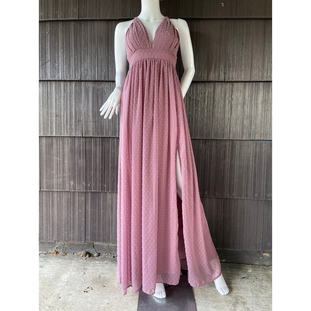 🔥Faeriesty Swiss Dot Plunge Neck Back Crisscross Slit Maxi Dress Formal Romantic